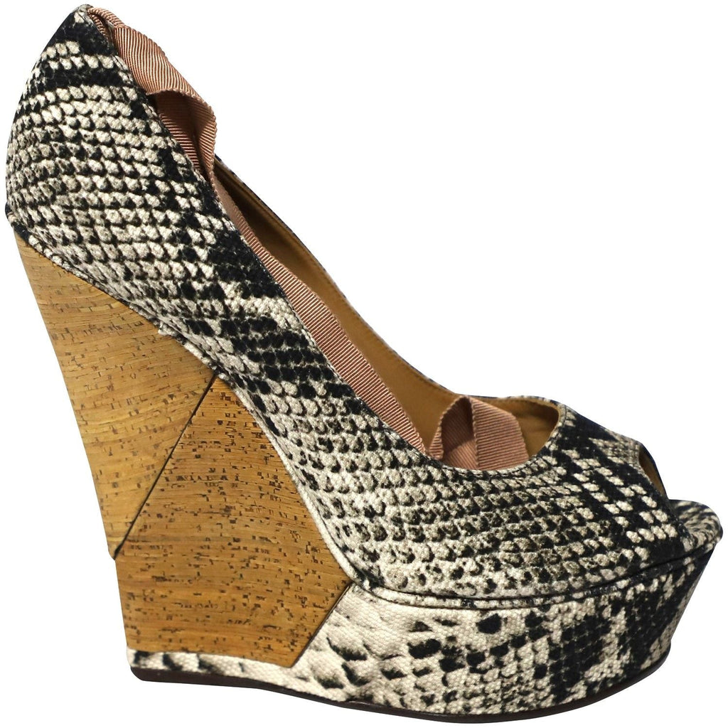Lanvin Ribbon Strap Wood Wedge Peep-toe Sandals in Phyton Print Leather