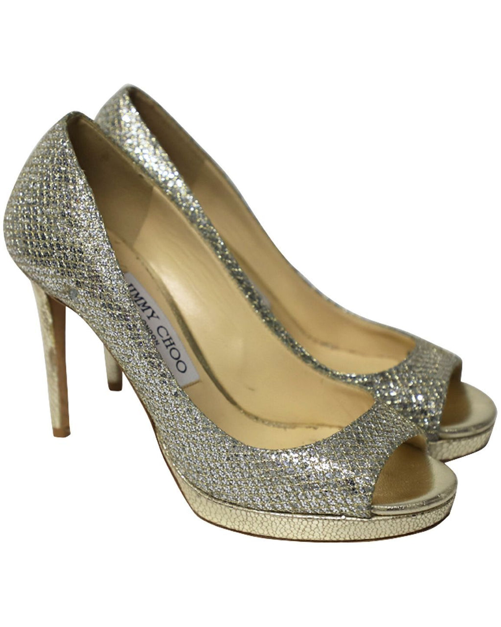 Jimmy Choo Metallic Luna Open Toe Pumps in Gold Leather