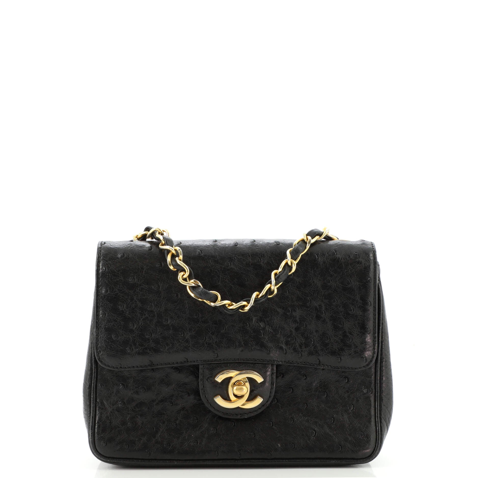 Vintage Square Classic Single Flap Bag Ostrich Mini
