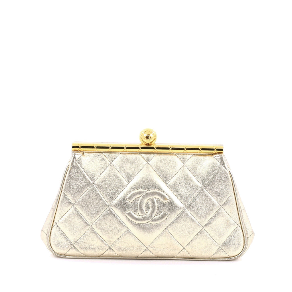 Vintage Diamond CC Frame Clutch Quilted Leather Small