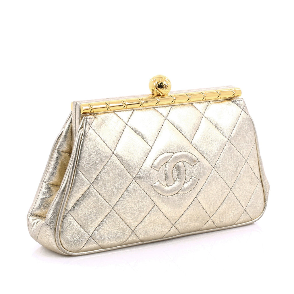 Vintage Diamond CC Frame Clutch Quilted Leather Small