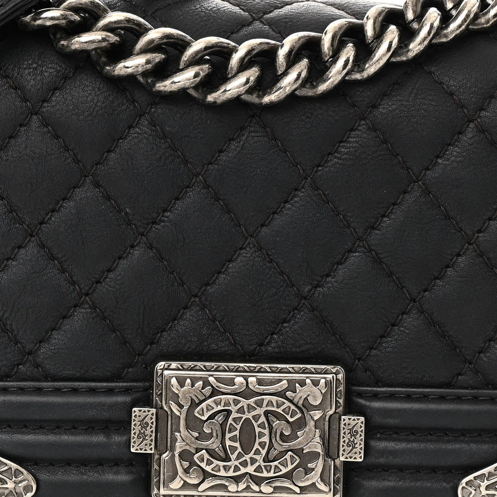 Calfskin Quilted Embellished Metal Small Boy Flap Black