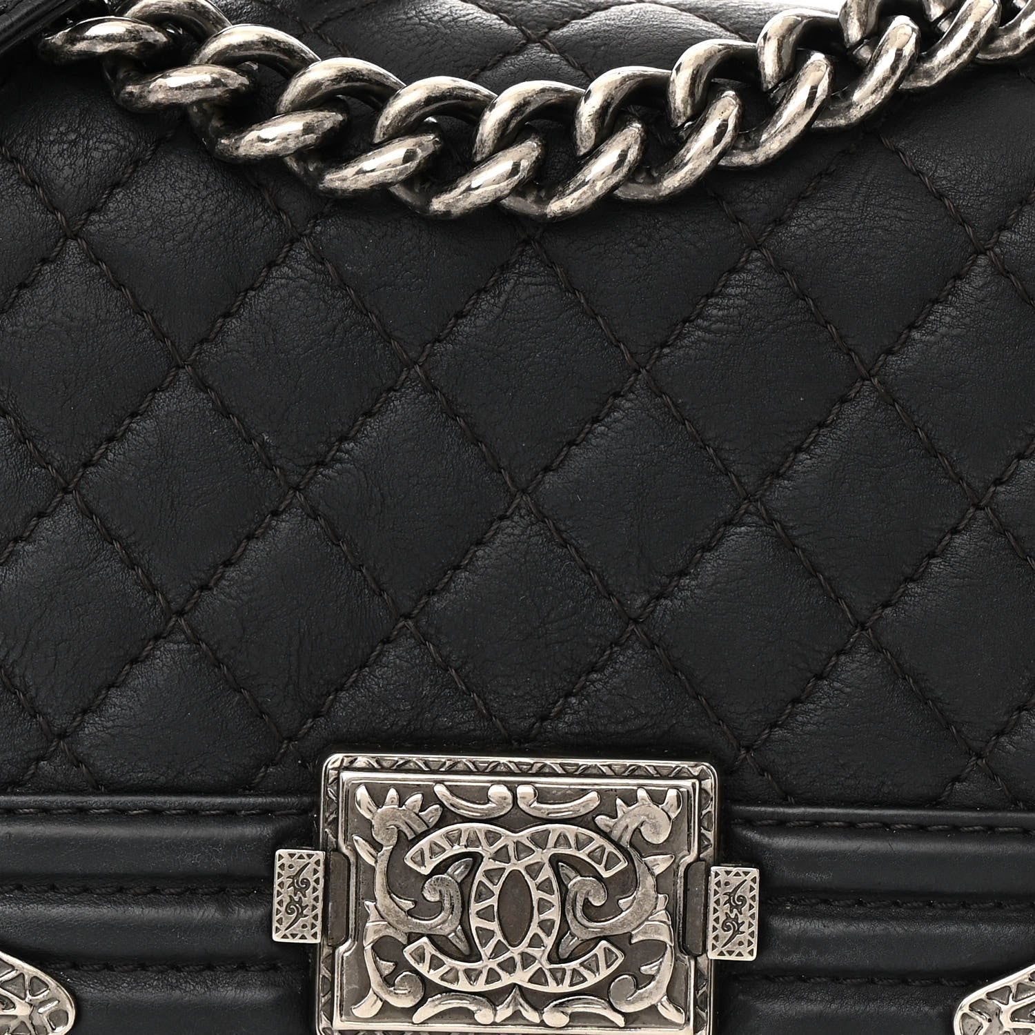 Calfskin Quilted Embellished Metal Small Boy Flap Black