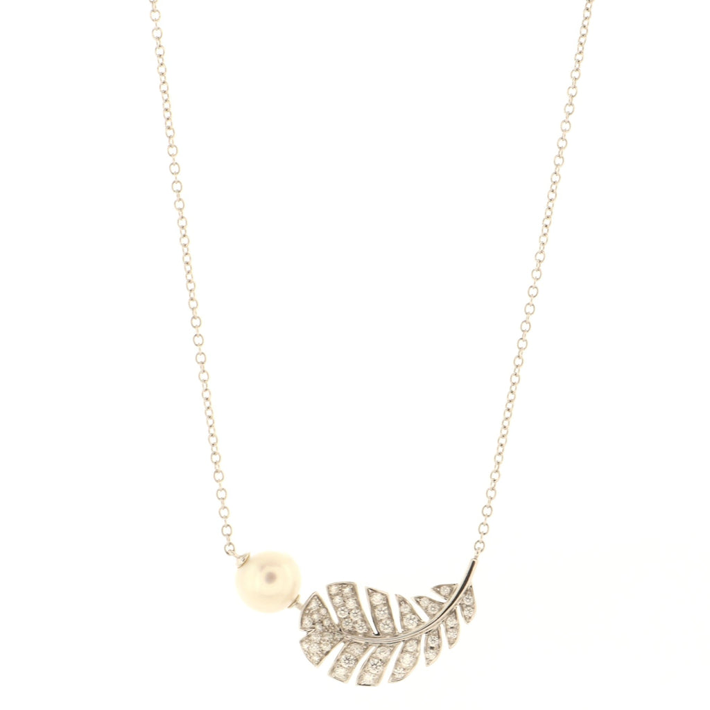 Plume De Chanel Pendant Necklace 18K White Gold and Diamonds with Pearl
