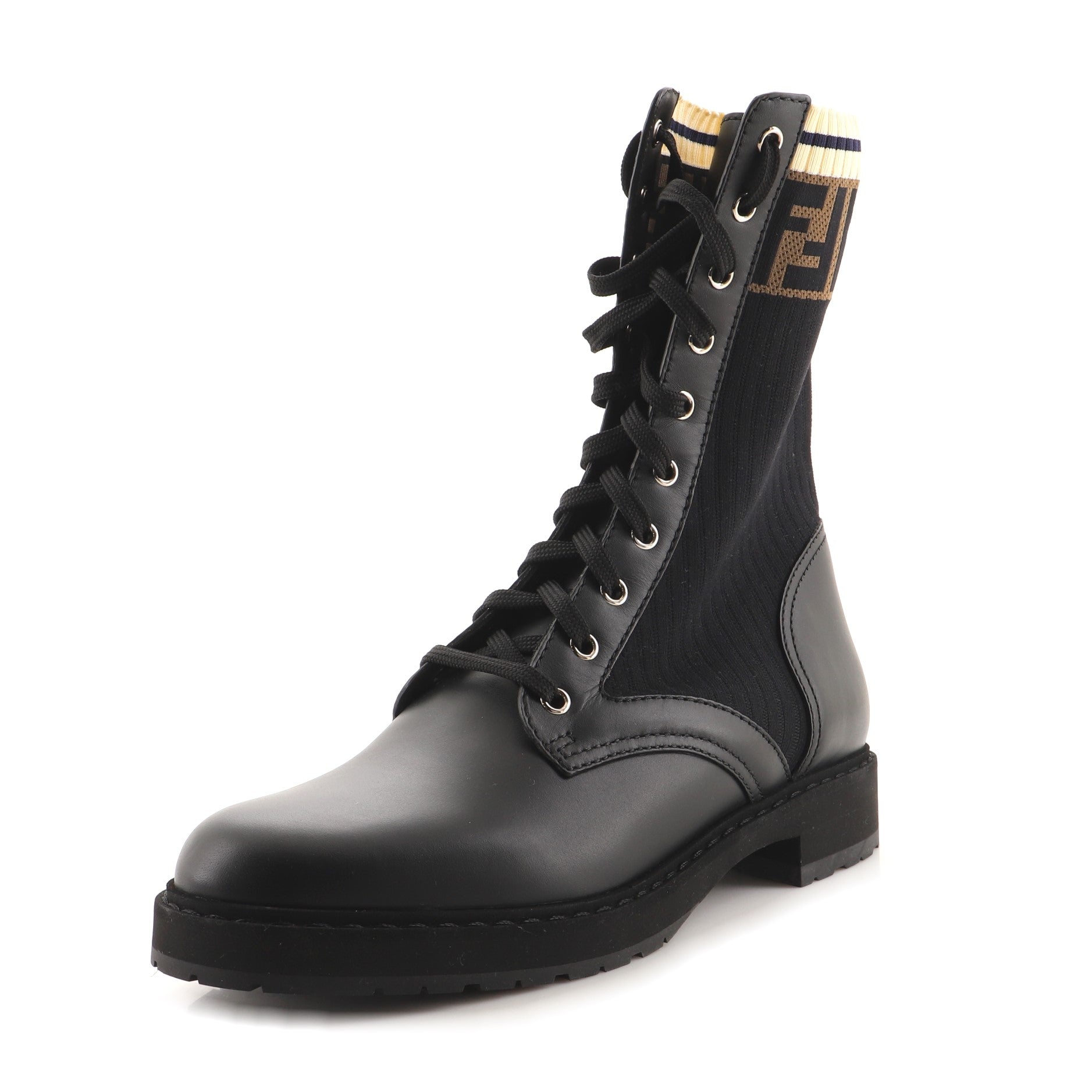 Women's Rockoko Combat Boots Leather with Knit Stretch Fabric and Zucca Trim