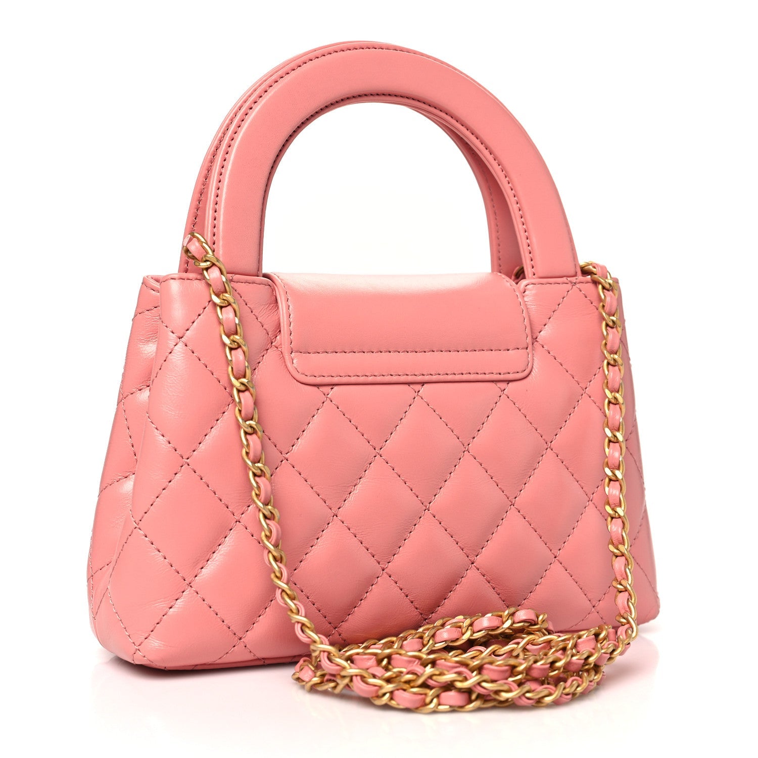 Shiny Aged Calfskin Quilted Nano Kelly Shopper Coral Pink
