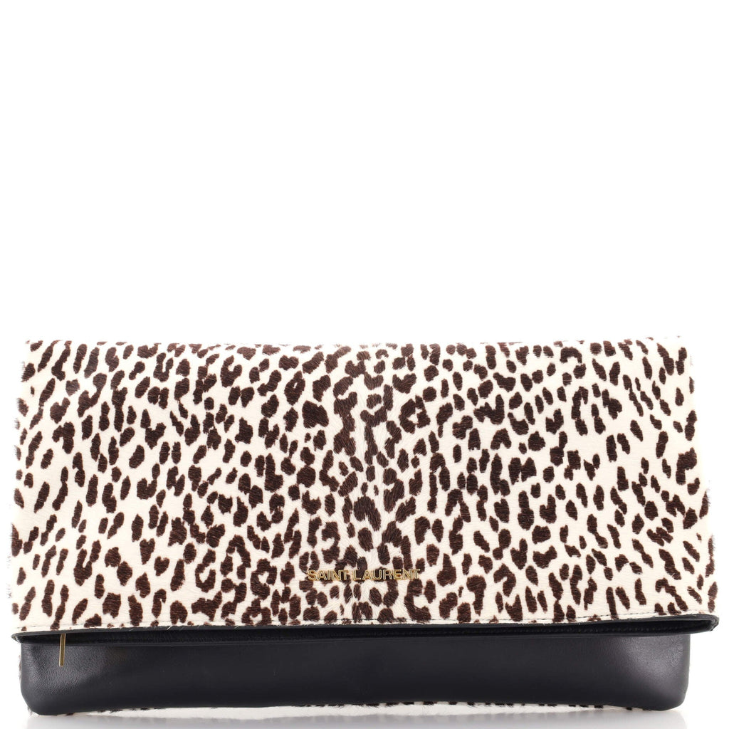 Letters Fold Over Clutch Printed Pony Hair with Leather