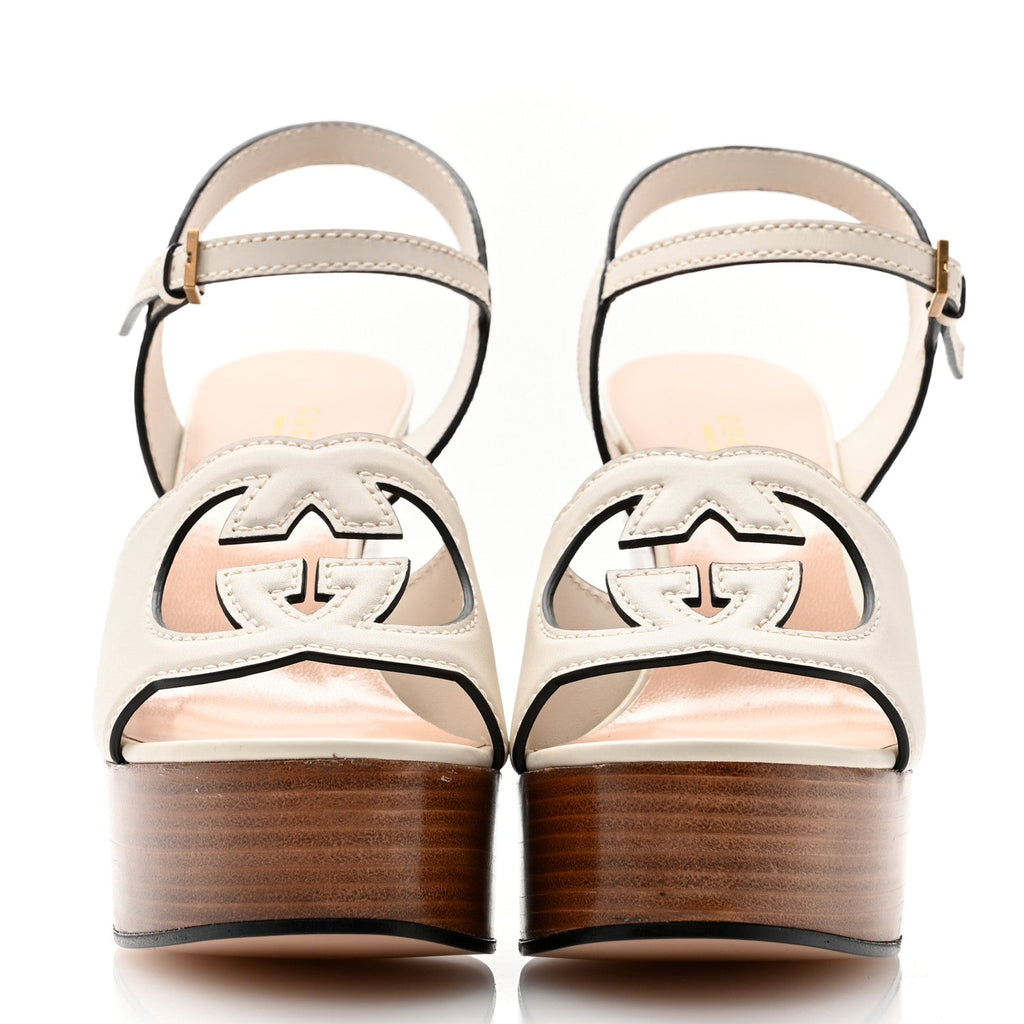 Cosmos Softy Calfskin Wooden Interlocking G Cut-Out 30/120mm Platform Sandals 38.5 Mystic White