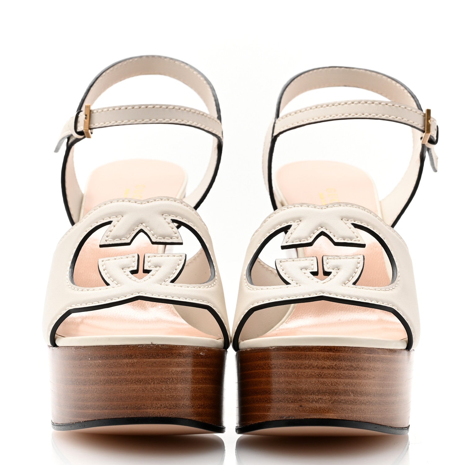 Cosmos Softy Calfskin Wooden Interlocking G Cut-Out 30/120mm Platform Sandals 38.5 Mystic White