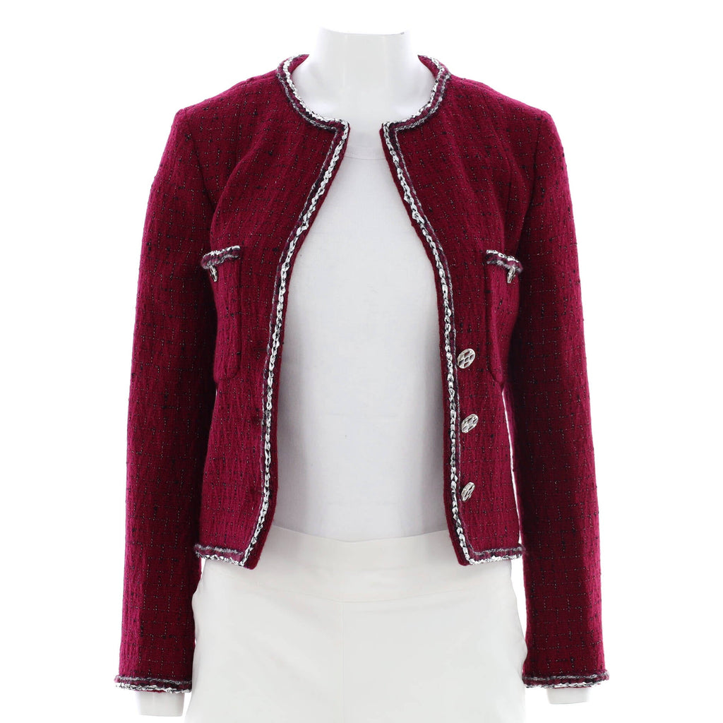 Women's Collarless Double Button Pocket Jacket Tweed