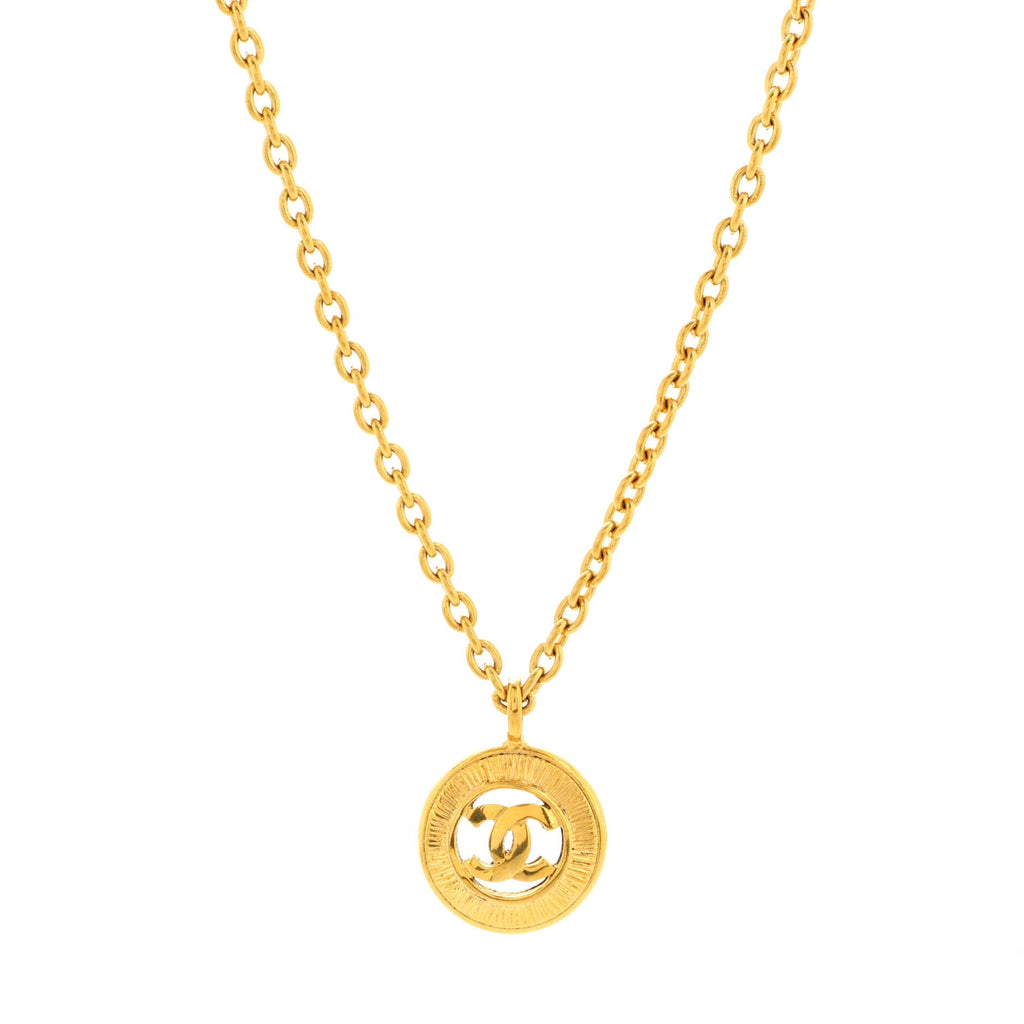 Vintage CC Round Pendant Long Necklace Metal