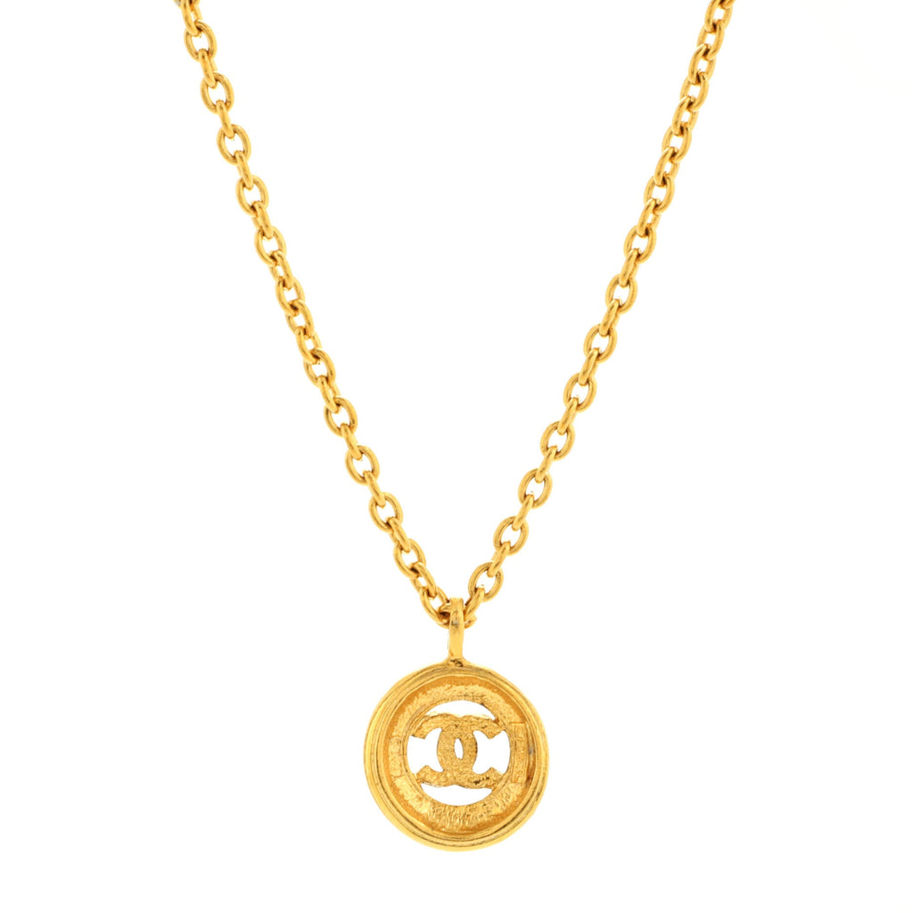 Vintage CC Round Pendant Long Necklace Metal