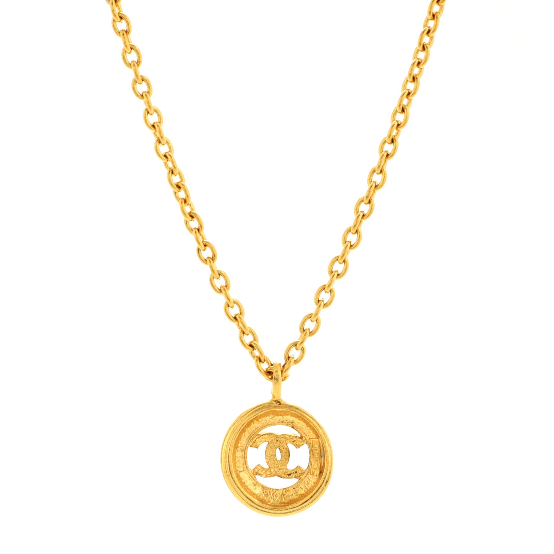 Vintage CC Round Pendant Long Necklace Metal