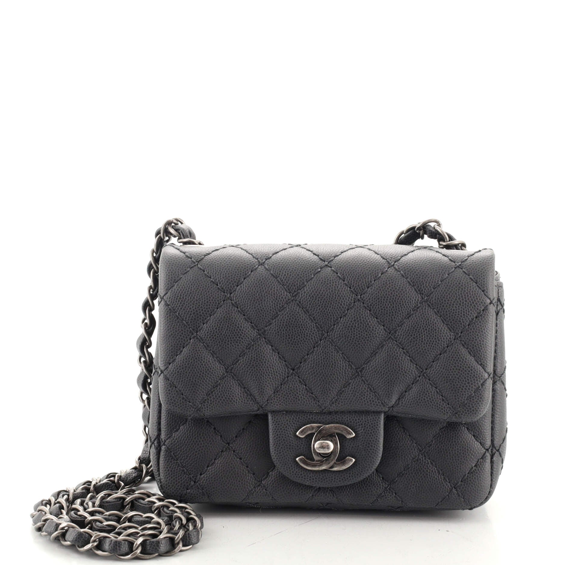 Square Classic Single Flap Bag Quilted Caviar Mini