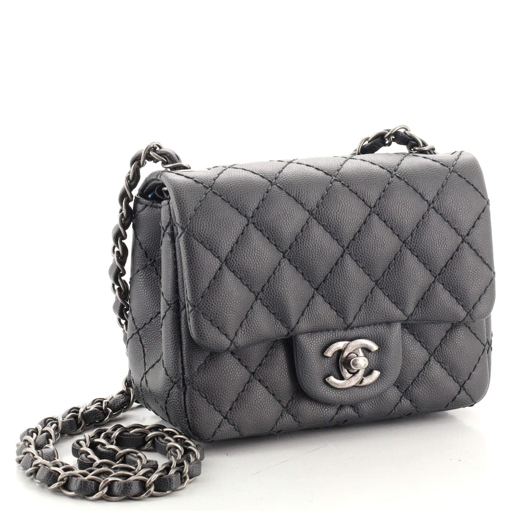 Square Classic Single Flap Bag Quilted Caviar Mini
