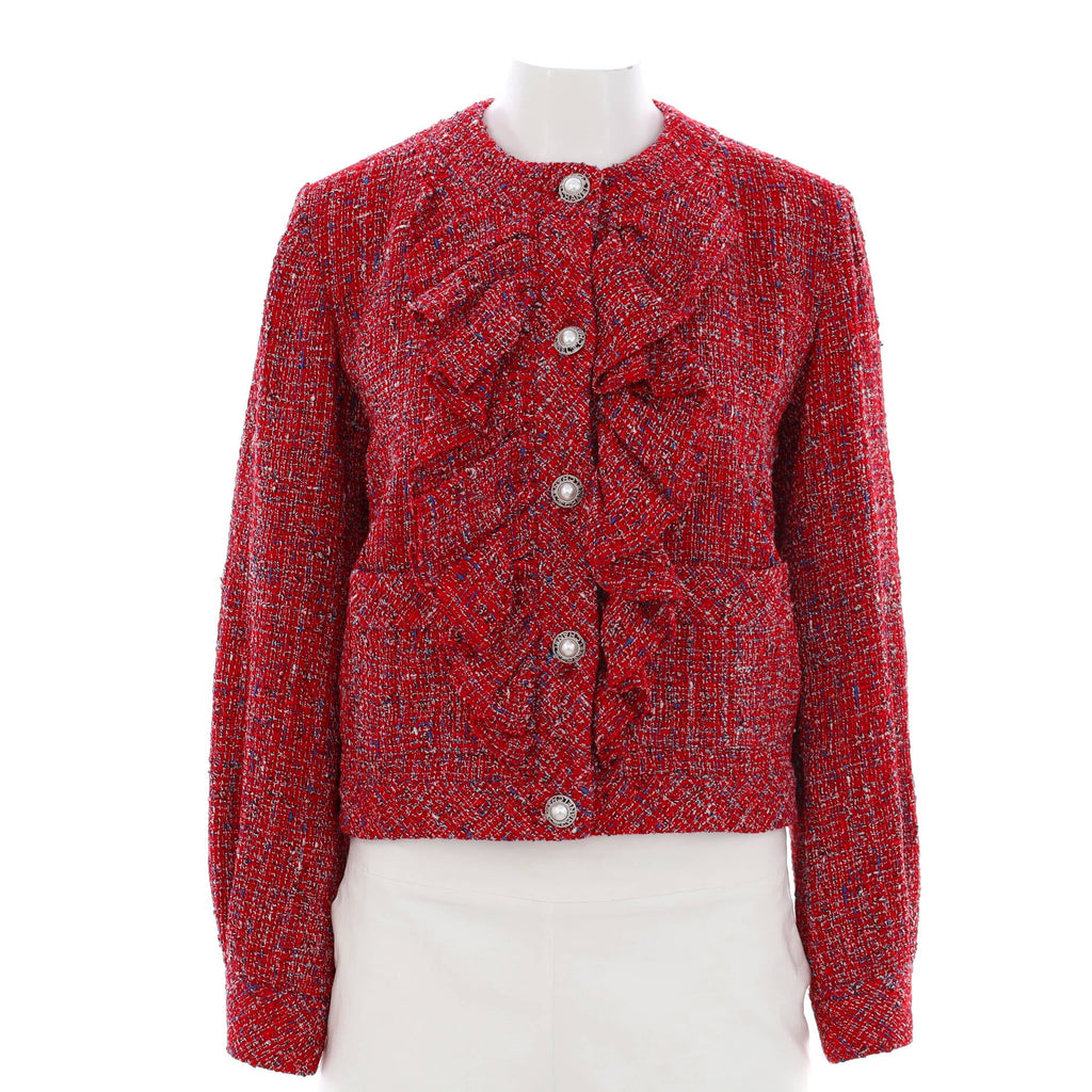 Women's Collarless Ruffle Button Jacket Tweed