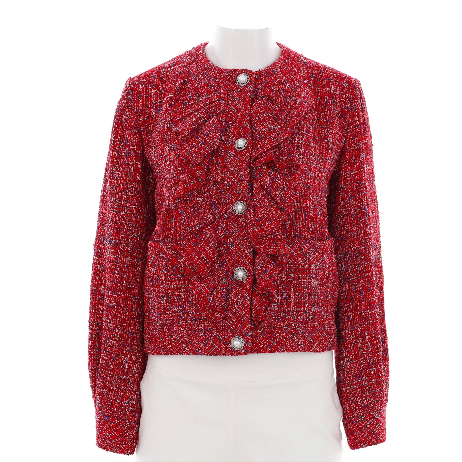 Women's Collarless Ruffle Button Jacket Tweed
