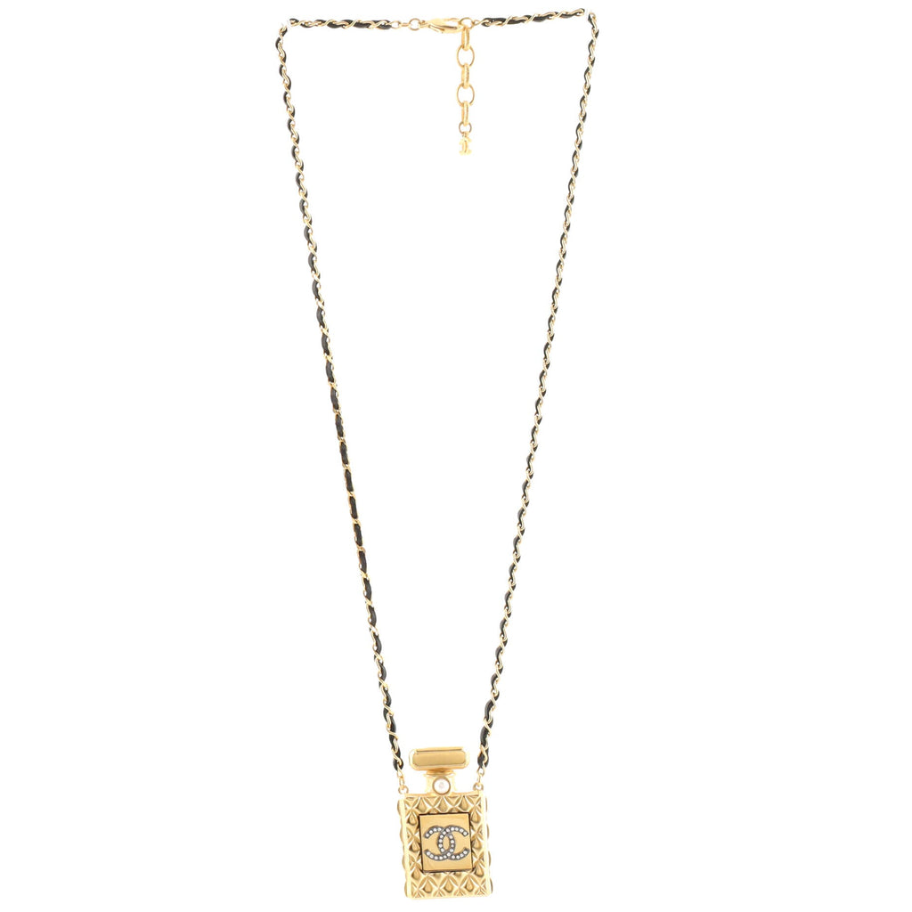 CC Perfume Bottle Pendant Chain Long Necklace Metal with Leather, Crystals and Faux Pearl