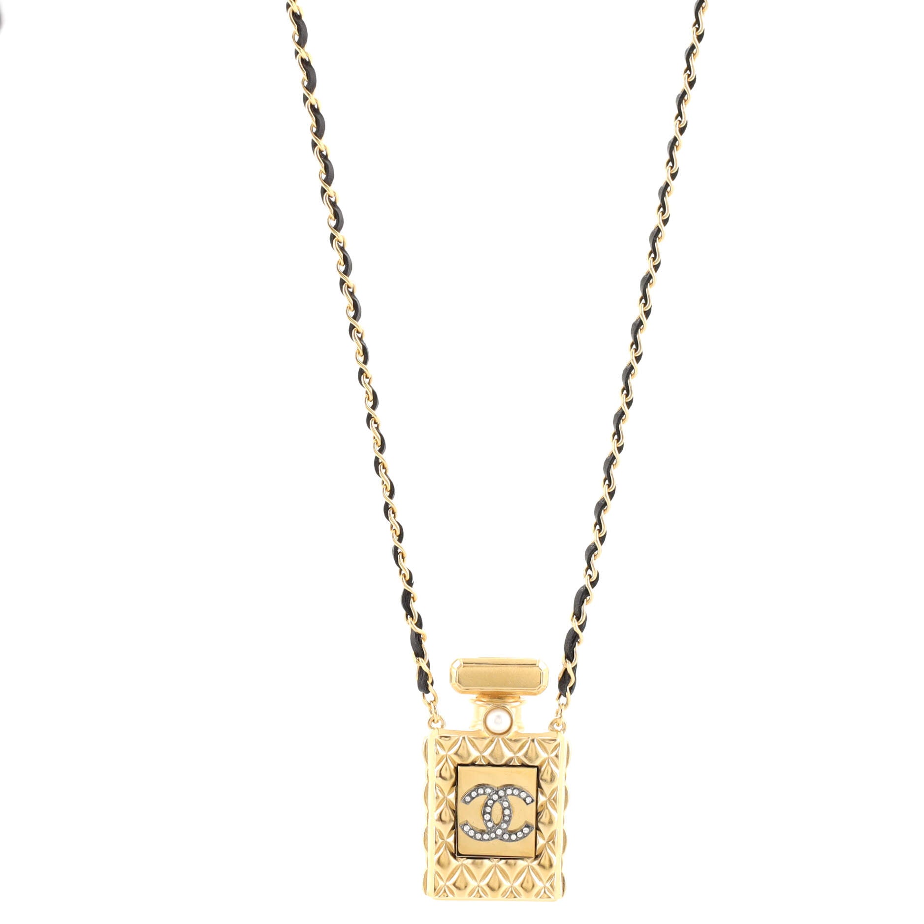 CC Perfume Bottle Pendant Chain Long Necklace Metal with Leather, Crystals and Faux Pearl
