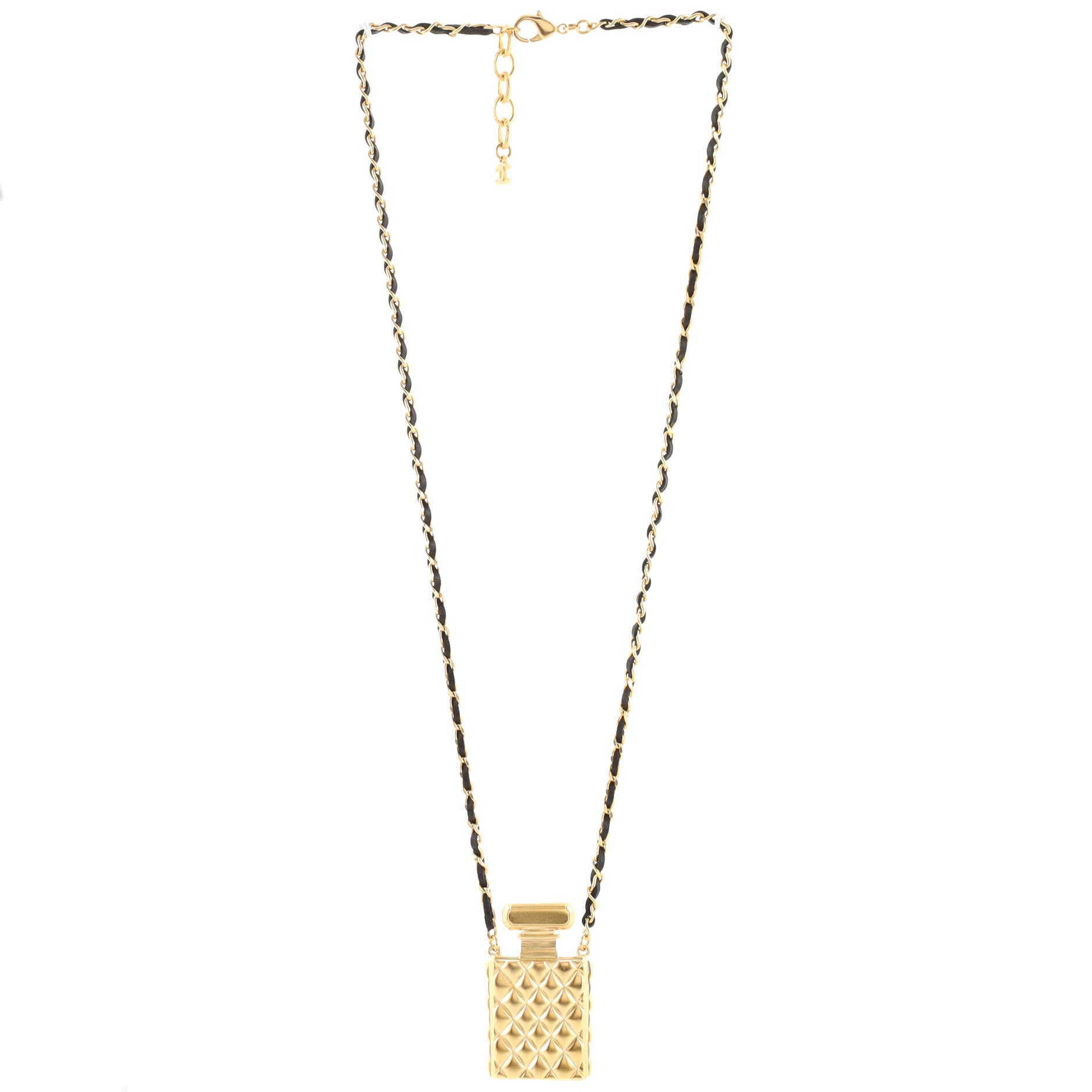 CC Perfume Bottle Pendant Chain Long Necklace Metal with Leather, Crystals and Faux Pearl