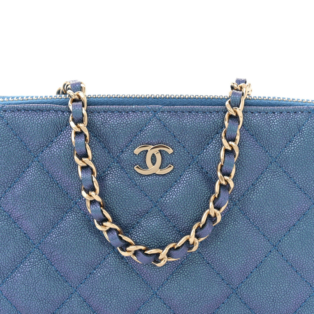 Iridescent Caviar Quilted Clutch With Chain Dark Blue