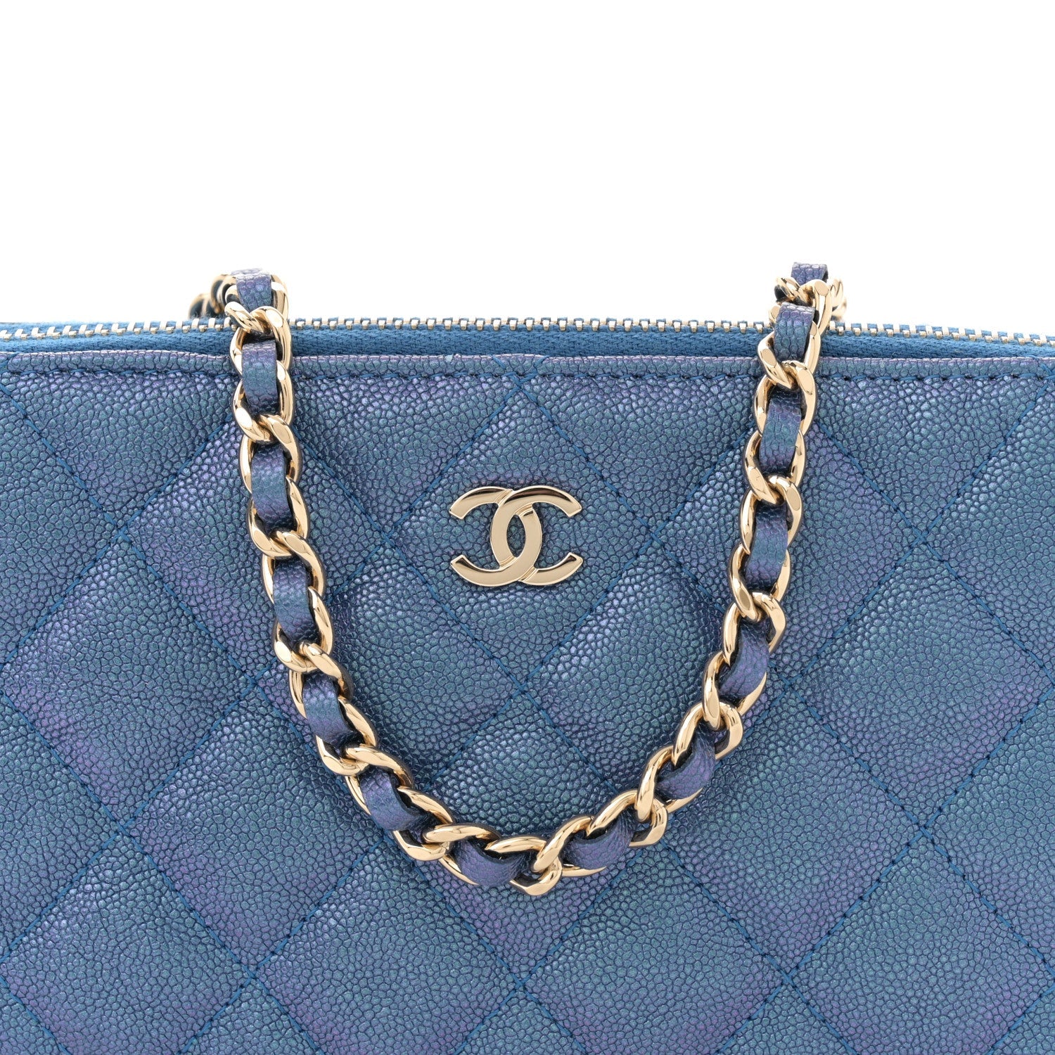 Iridescent Caviar Quilted Clutch With Chain Dark Blue