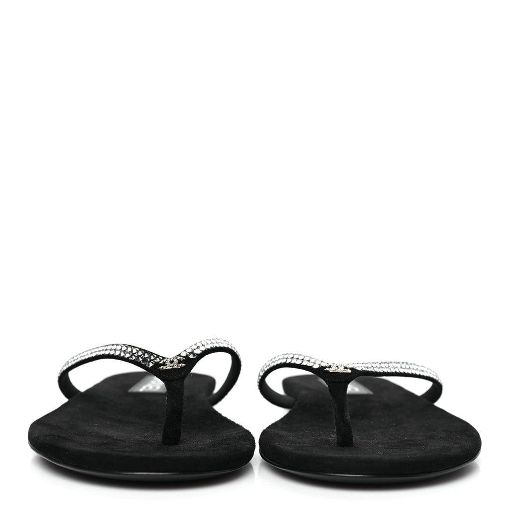 Suede Kidskin Strass CC Thong Sandals 40 Black