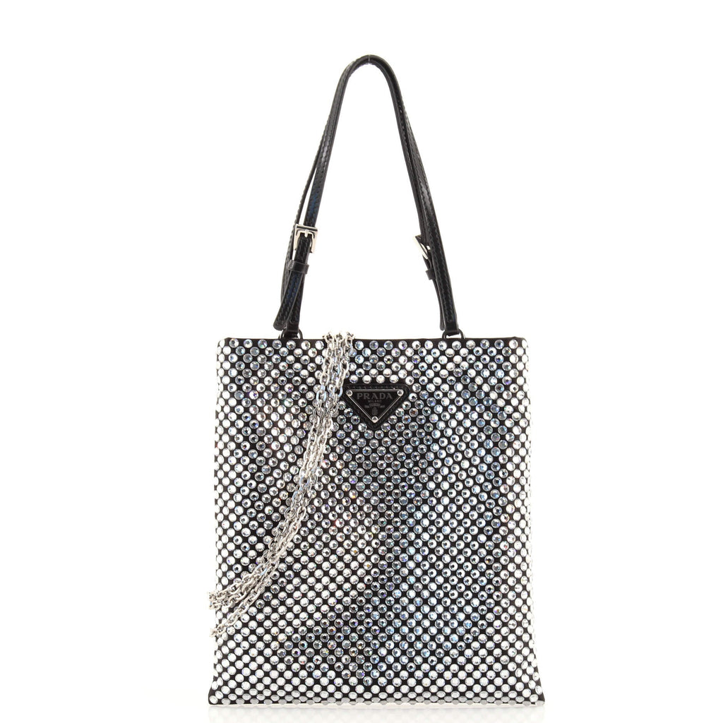 Chain Flat Tote Crystal Embellished Satin Mini