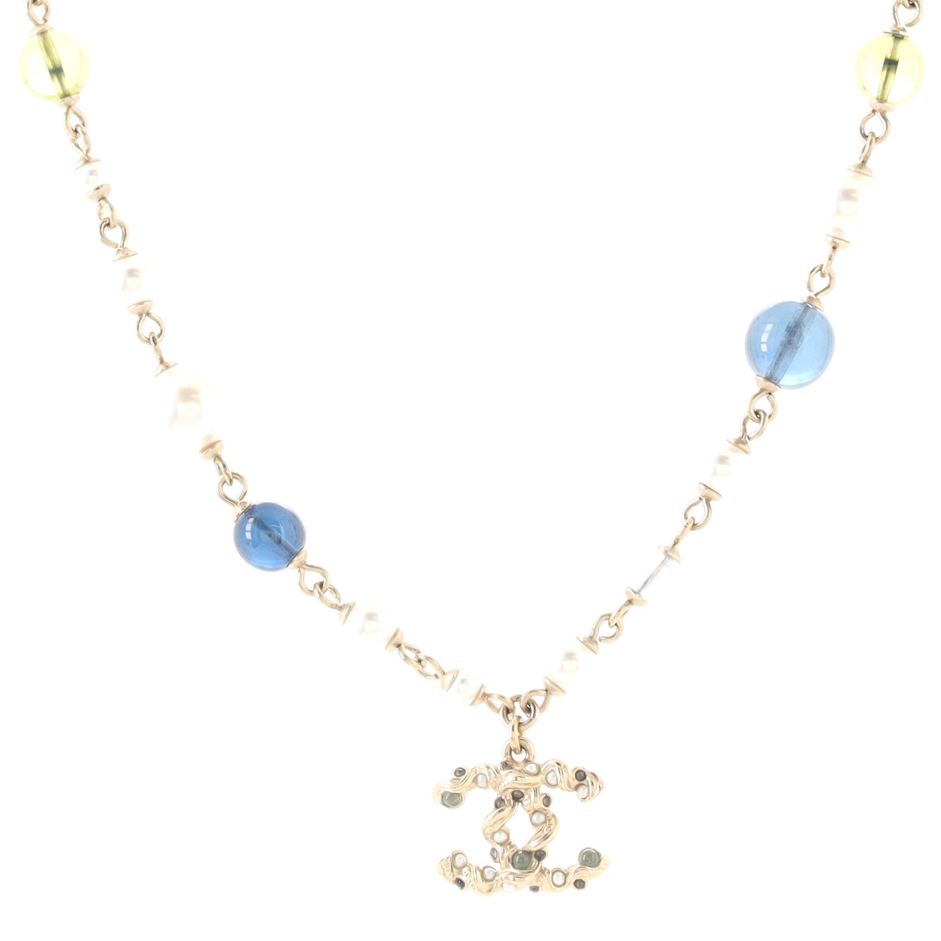 CC Station Long Necklace Metal and Faux Pearls with Beads and Crystals