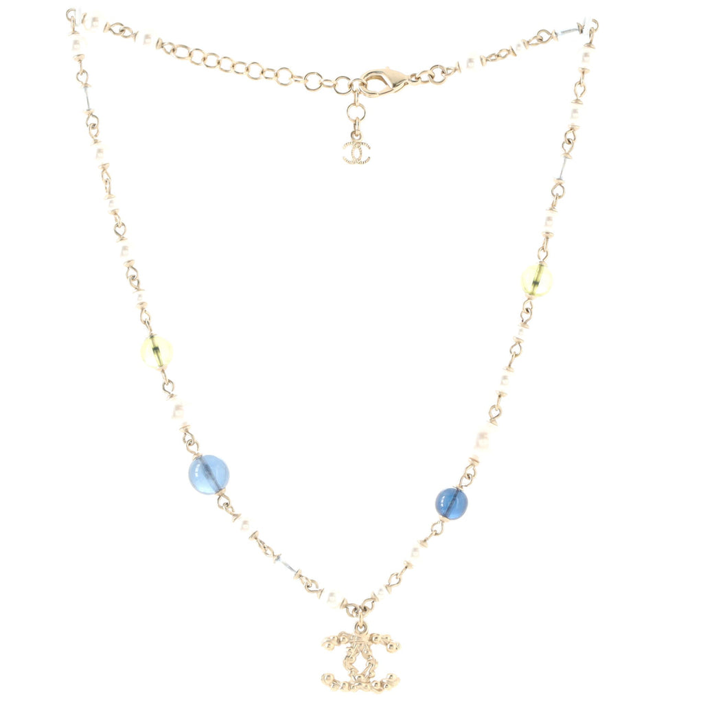 CC Station Long Necklace Metal and Faux Pearls with Beads and Crystals