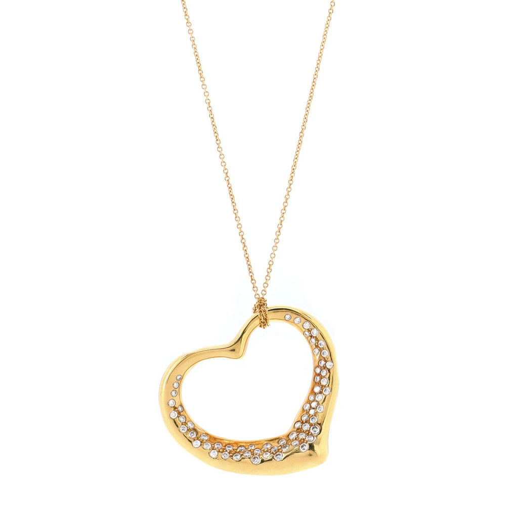Elsa Peretti Open Heart Pendant Necklace 18K Yellow Gold with Pave Diamonds 36mm