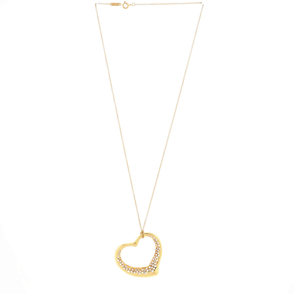 Elsa Peretti Open Heart Pendant Necklace 18K Yellow Gold with Pave Diamonds 36mm