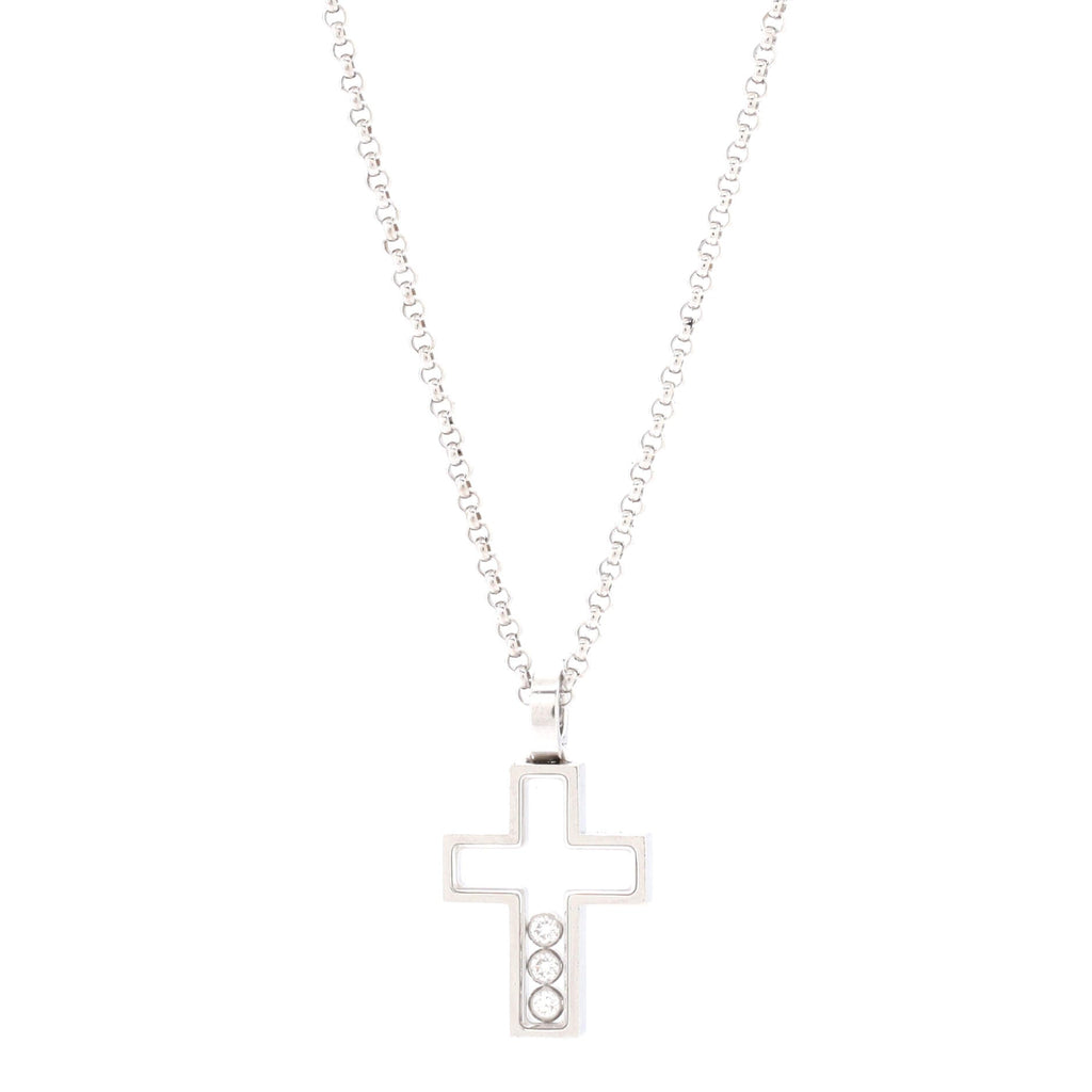 Happy 3 Diamonds Cross Pendant Necklace 18K White Gold with Floating Diamonds
