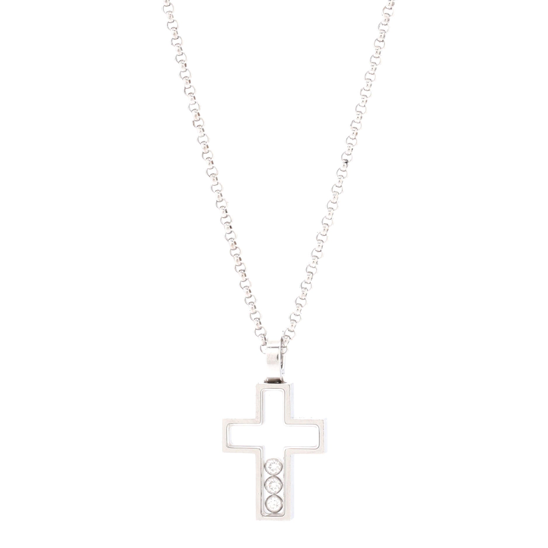 Happy 3 Diamonds Cross Pendant Necklace 18K White Gold with Floating Diamonds