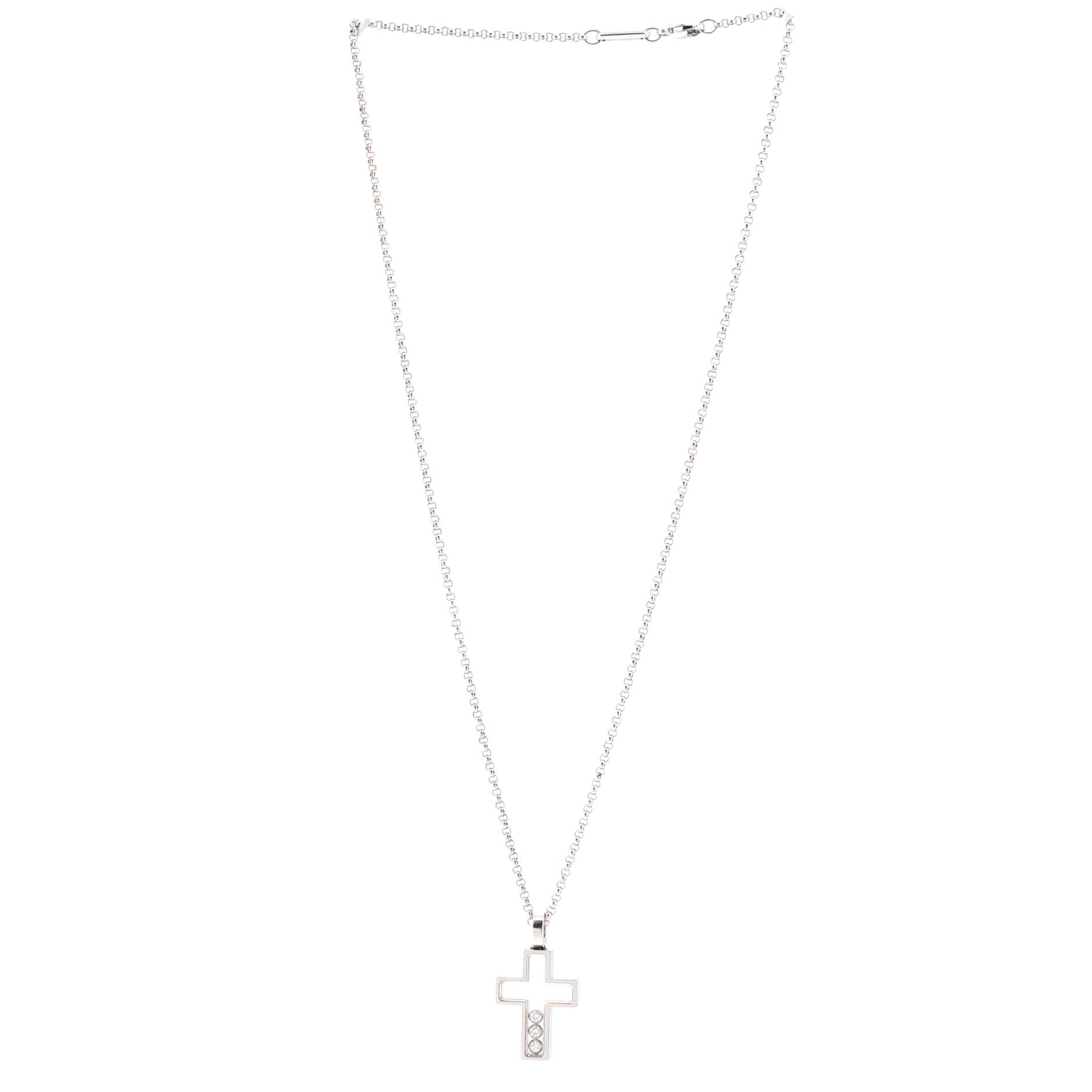 Happy 3 Diamonds Cross Pendant Necklace 18K White Gold with Floating Diamonds