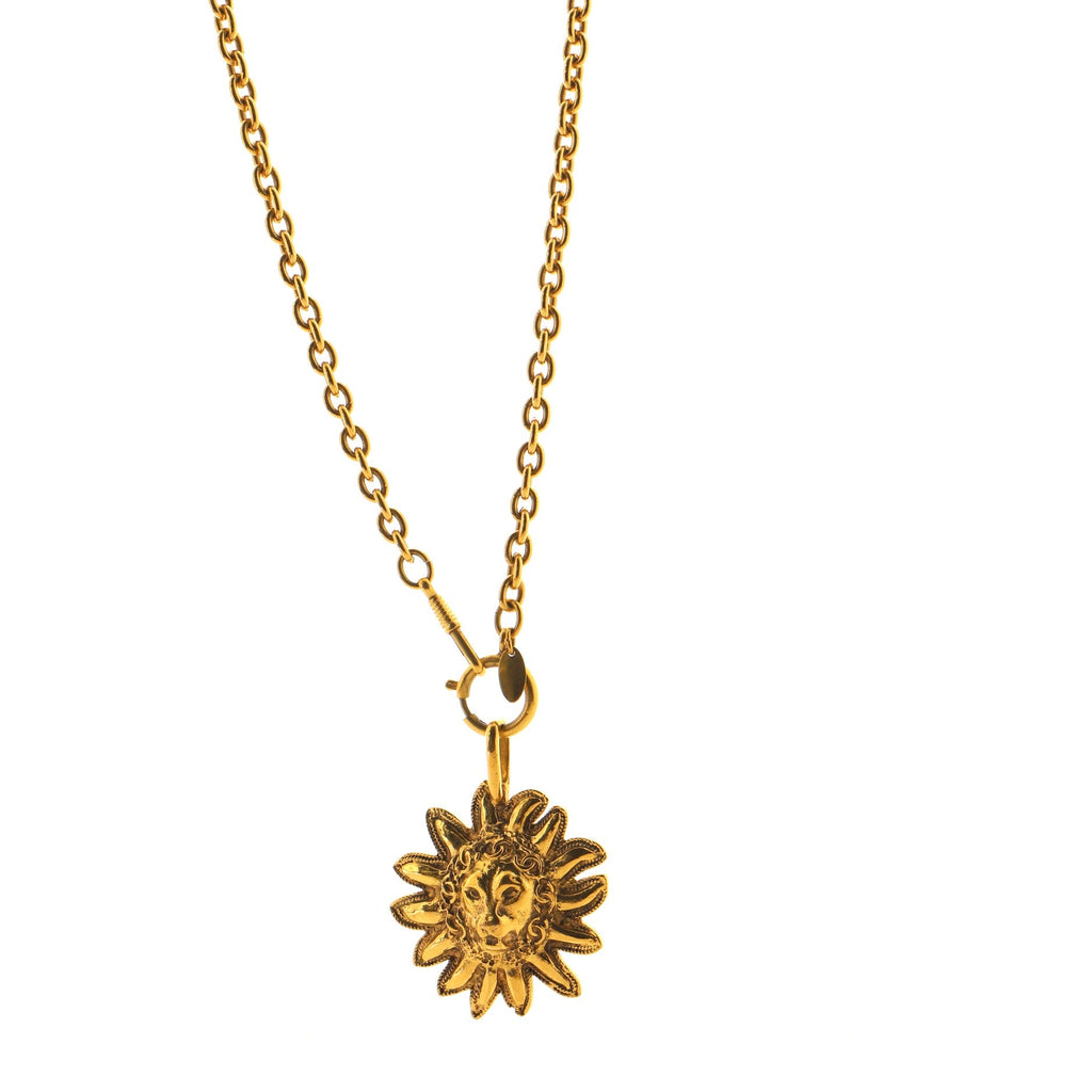 Vintage Sunburst Lion Head Pendant Necklace Metal