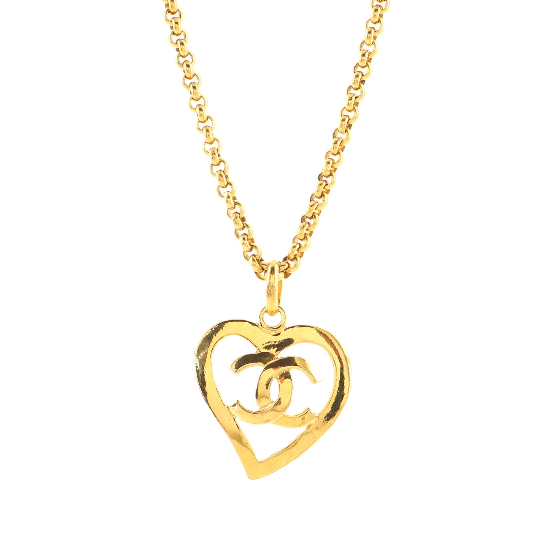 Vintage CC Heart Pendant Long Necklace Metal