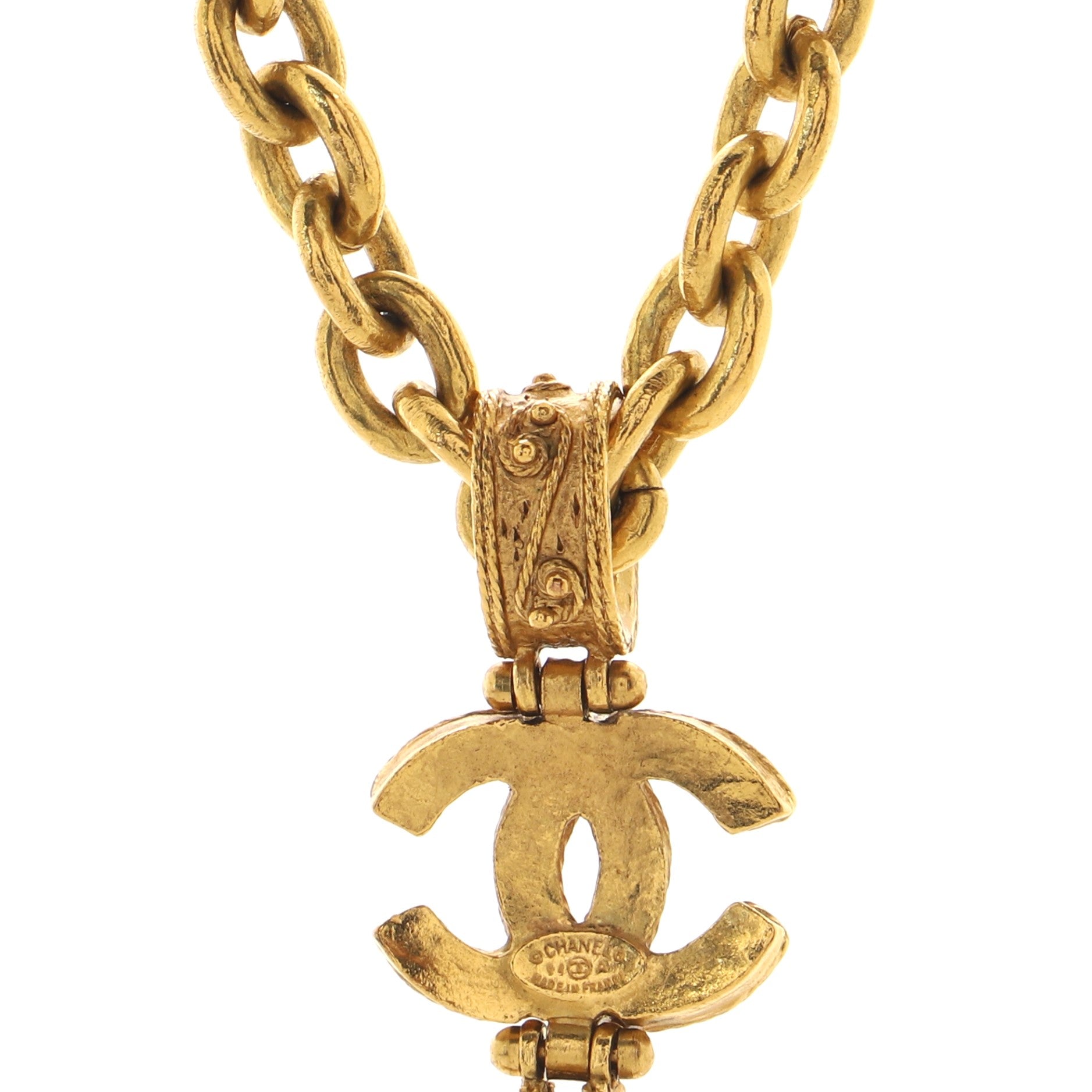 Vintage CC Pendant Drop Necklace Metal with Gripoix