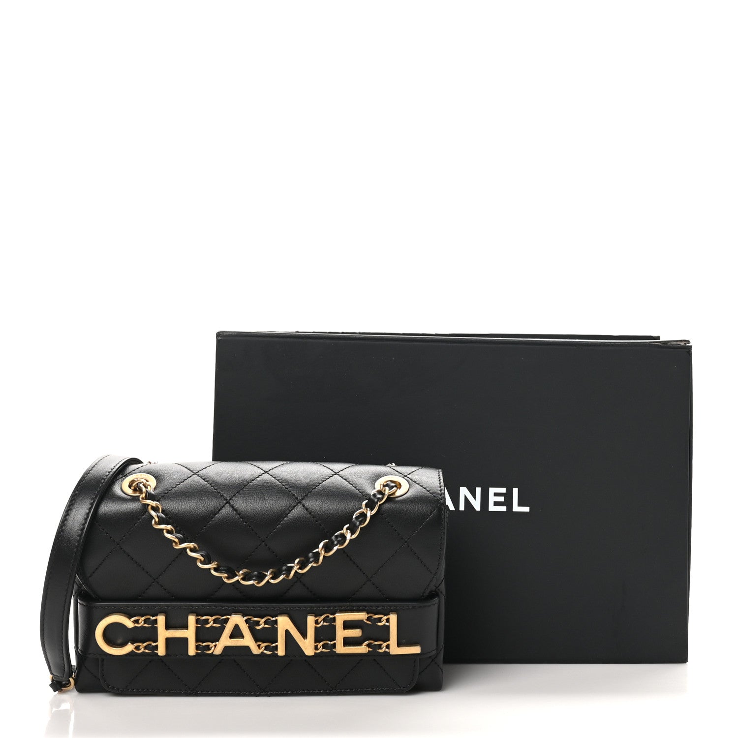 Calfskin Quilted Small Enchained Flap Black