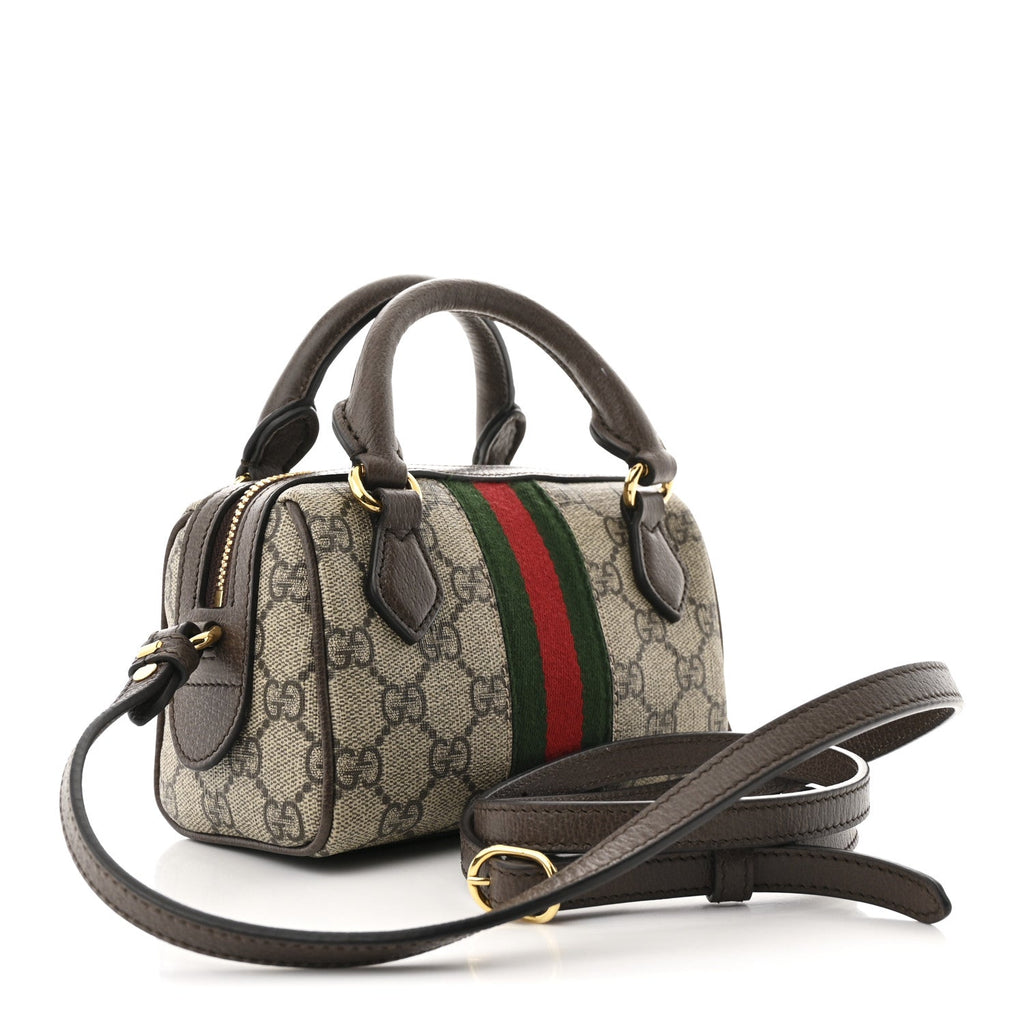 GG Supreme Monogram Textured Dollar Calfskin Web Super Mini Ophidia Top Handle Bowler Bag Beige Ebony New Acero