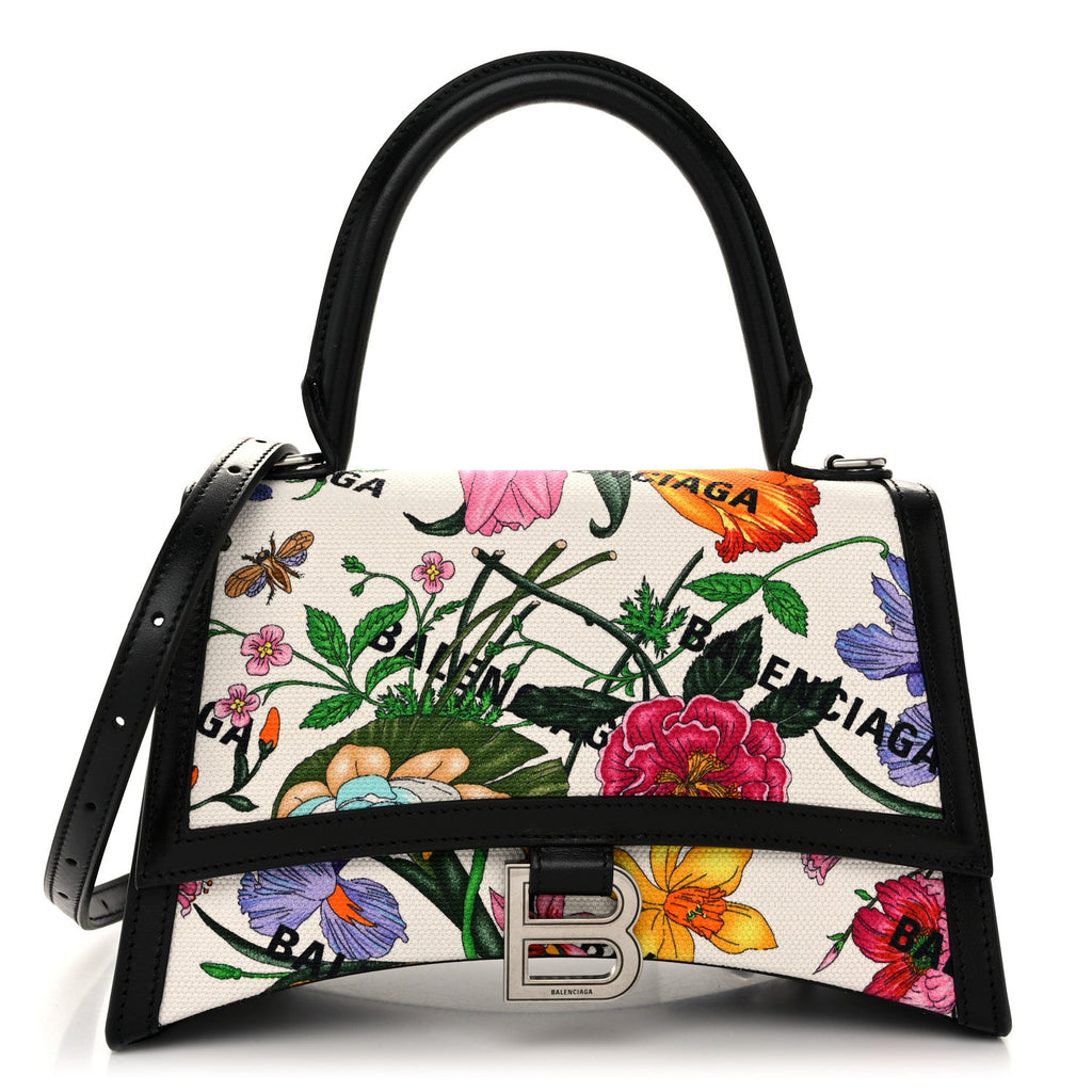 X GUCCI Canvas Boarded Plutone Calfskin Flora Logo Print Small Hourglass Top Handle Bag White Multicolor Black