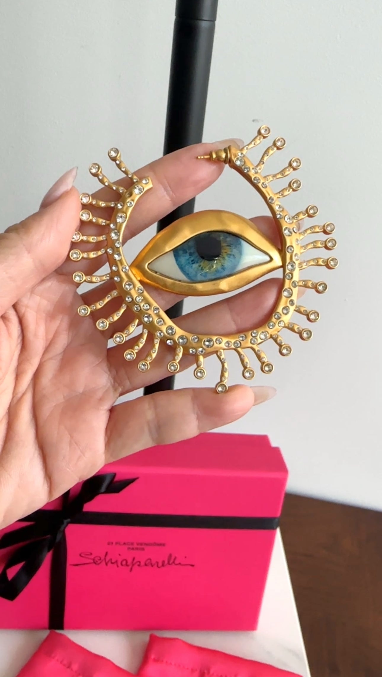 Schiaparelli Extra Large Enamel Eye Crystal Hoop Earrings