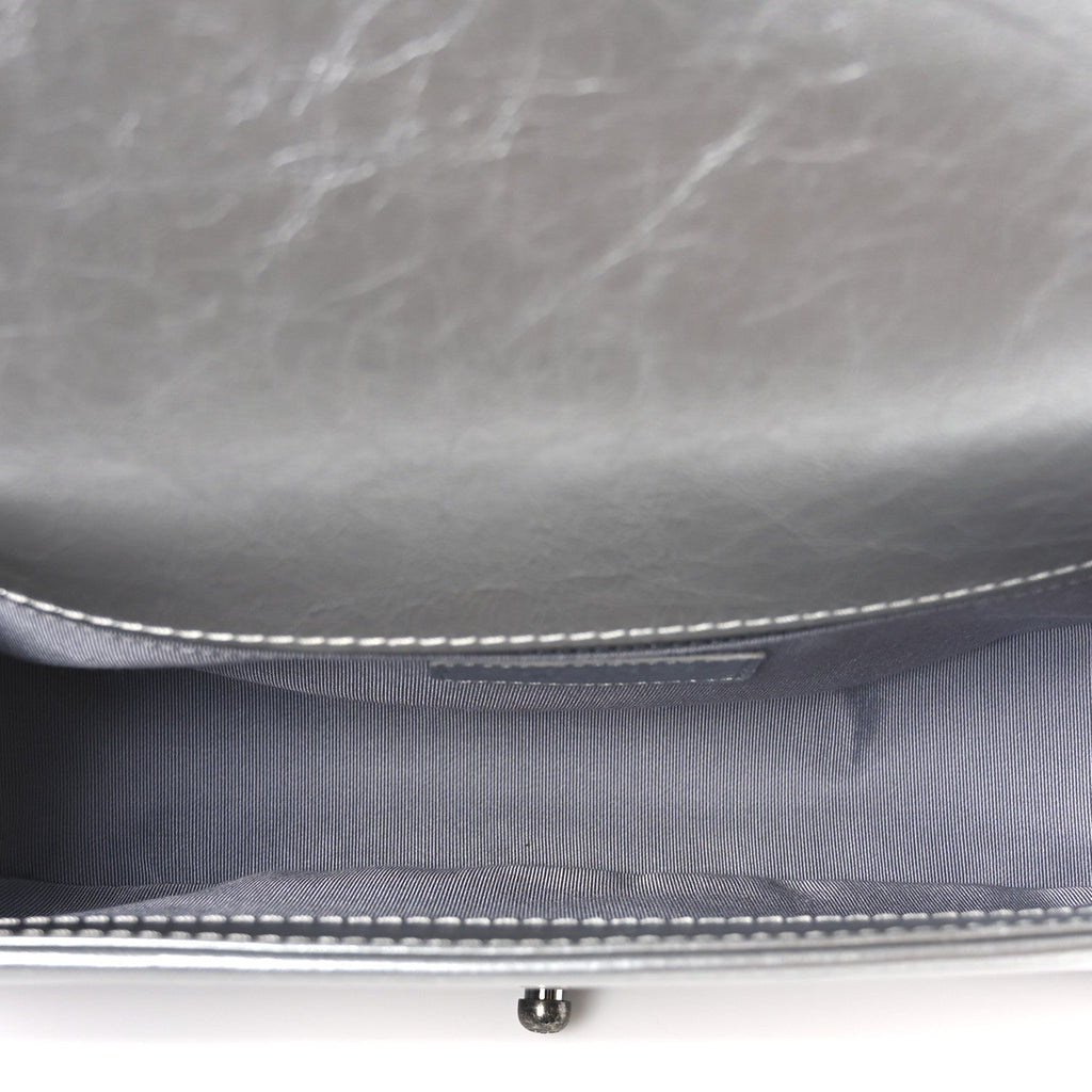 Metallic Calfskin Quilted Medium Top Handle Boy Flap Silver