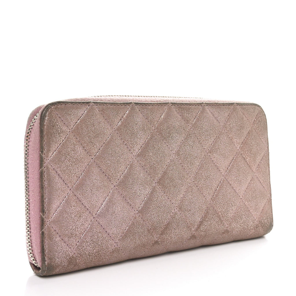 Iridescent Calfskin Quilted Large Gusset Zip Around Wallet Pink