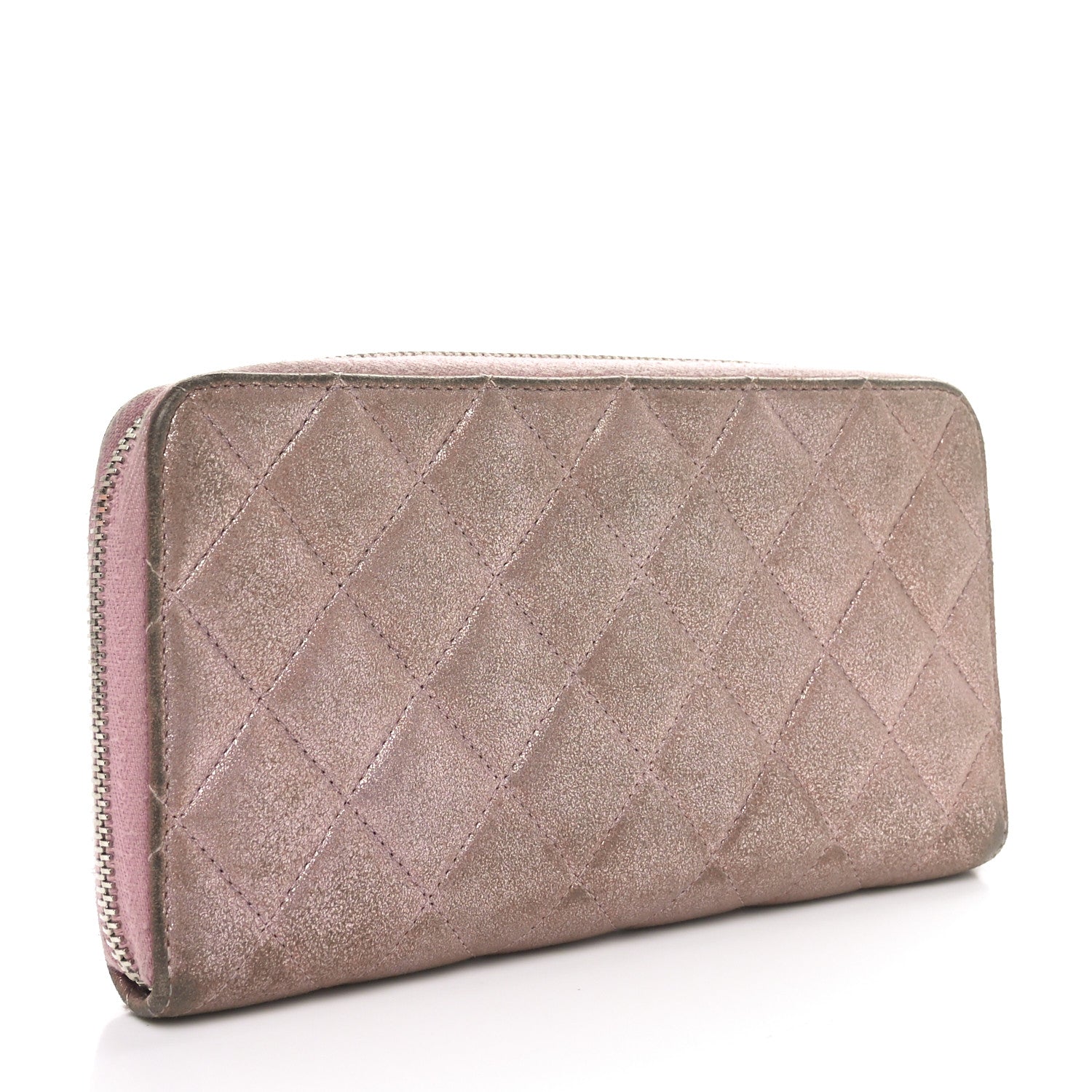Iridescent Calfskin Quilted Large Gusset Zip Around Wallet Pink