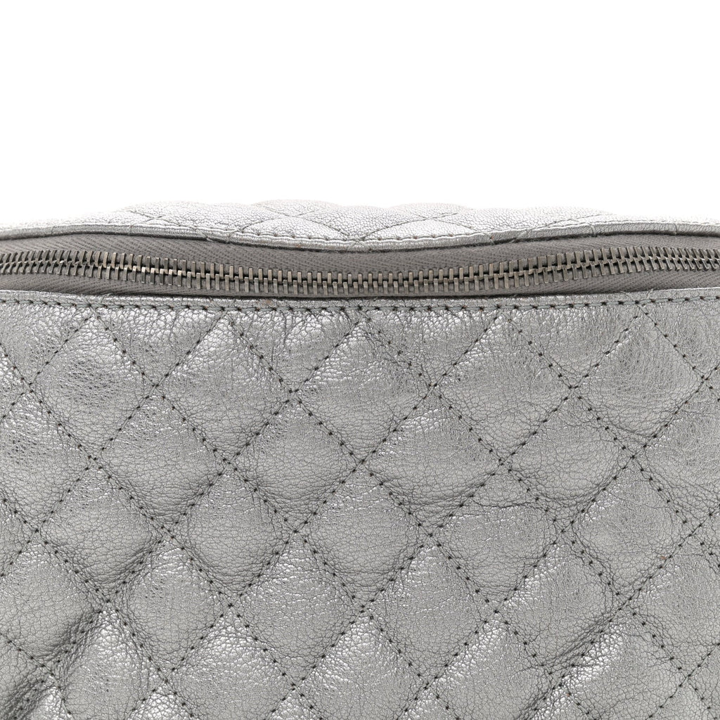 Metallic Calfskin Quilted Banane Waist Bag Fanny Pack Dark Silver