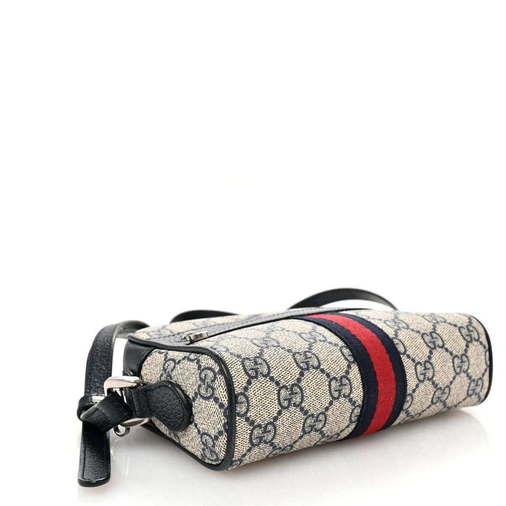 GG Supreme Monogram Textured Dollar Calfskin Web Mini Ophidia Shoulder Bag Beige Blue
