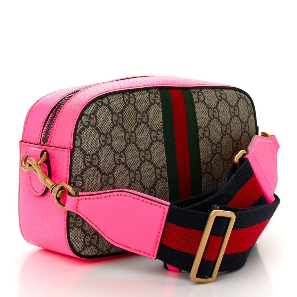 GG Supreme Monogram Textured Dollar Calfskin Web Ophidia Small Crossbody Bag Beige Ebony Fuchsia