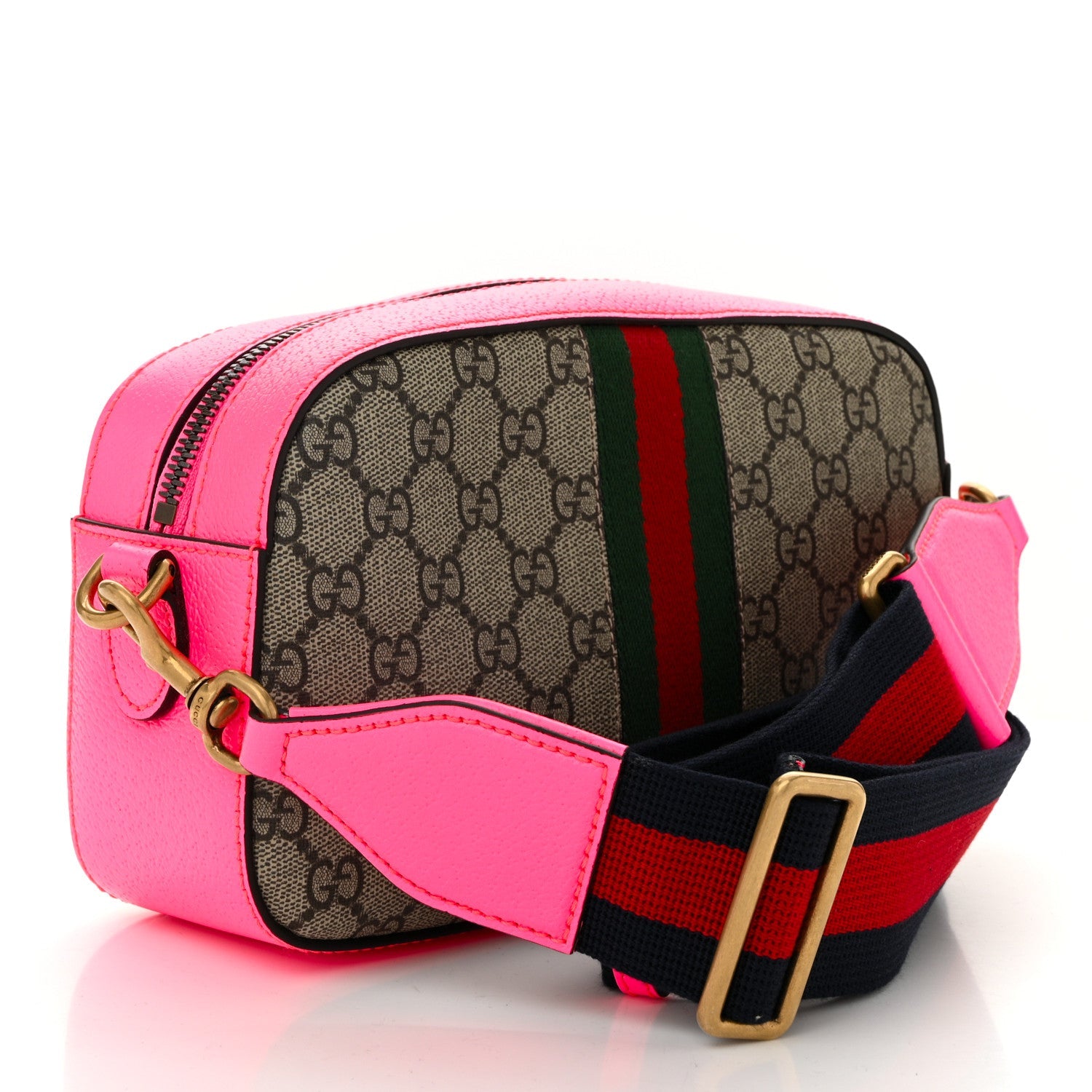 GG Supreme Monogram Textured Dollar Calfskin Web Ophidia Small Crossbody Bag Beige Ebony Fuchsia
