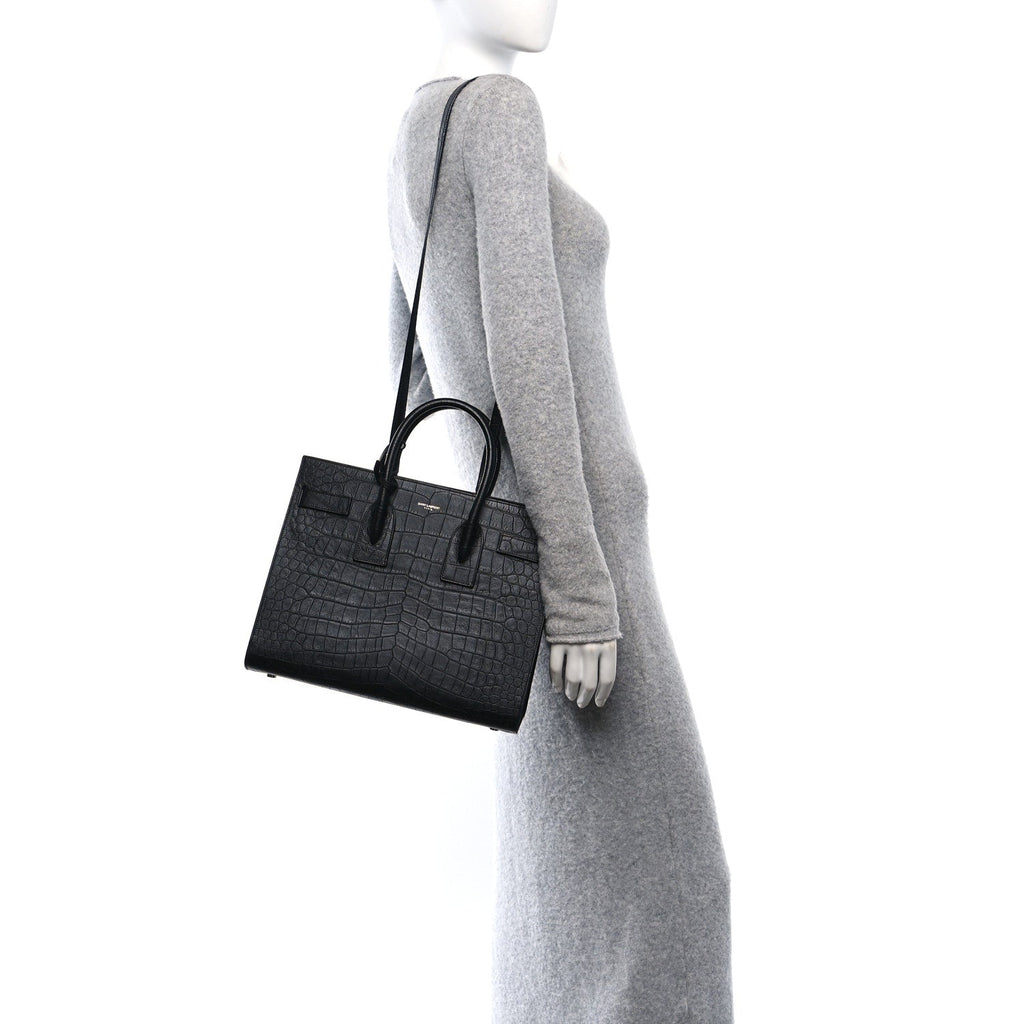Calfskin Crocodile Embossed Small Sac de Jour Black